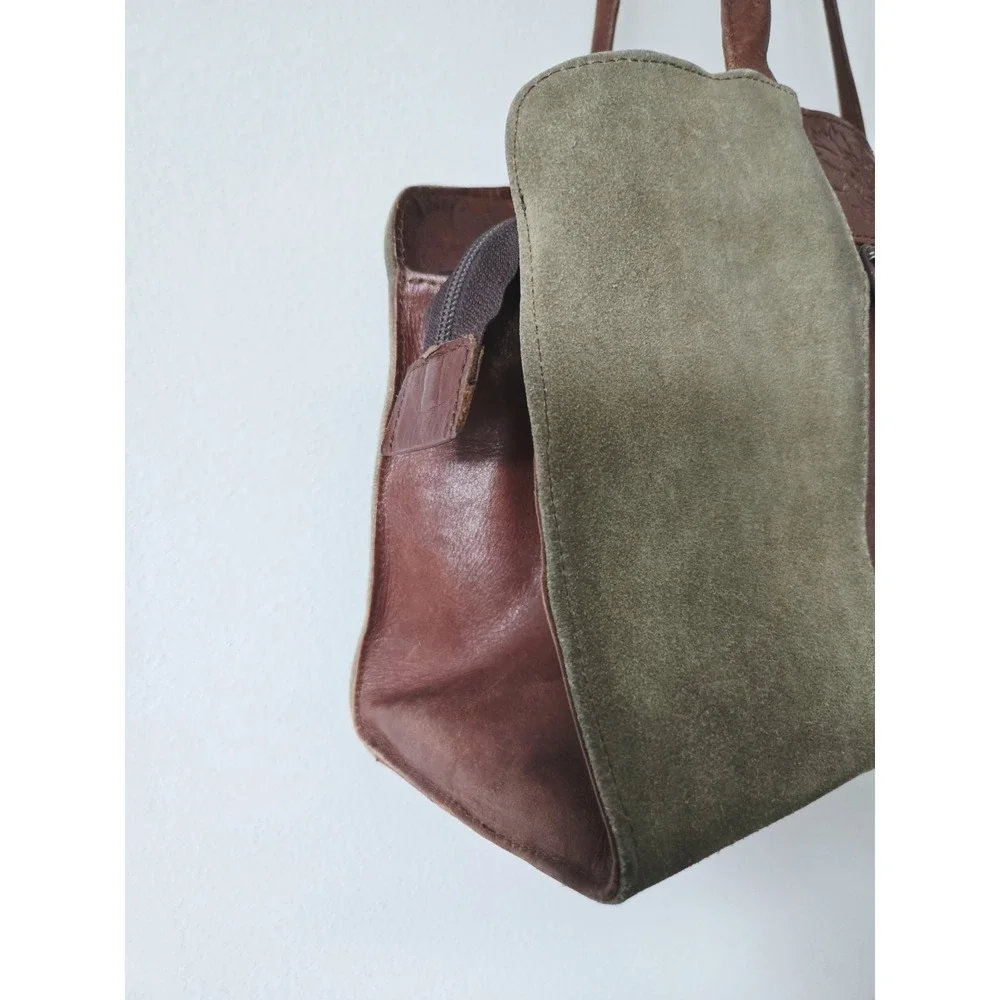 Leaders in Leather Purse Tooled Brown Leather‎ Green Suede Bag Floral Pattern
